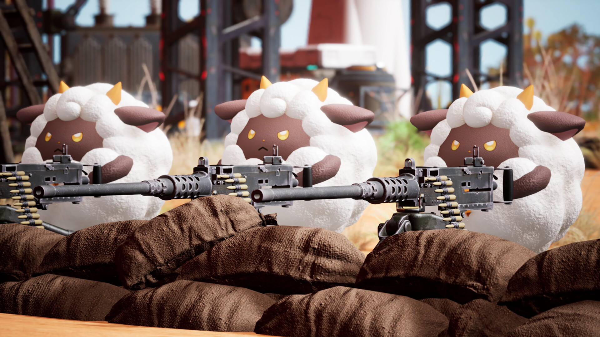 Three fluffy Lamball Pals manning machine guns behind sandbag fortifications