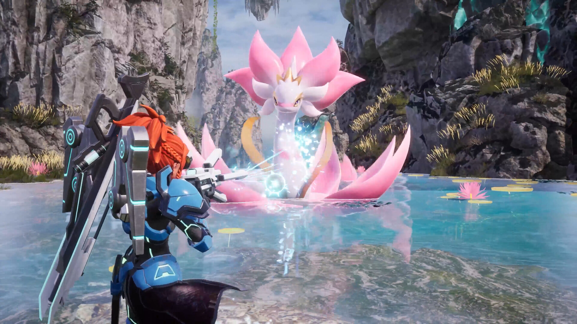 Armored player firing at a giant pink lotus serpent boss rising from a turquoise lake