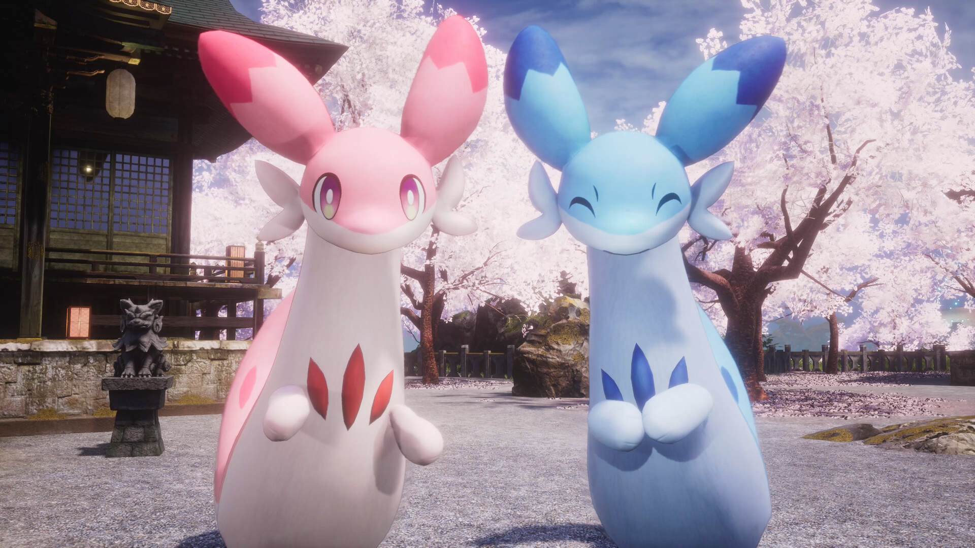 Cute pink and blue rabbit-like Pals in a shrine courtyard under cherry blossoms