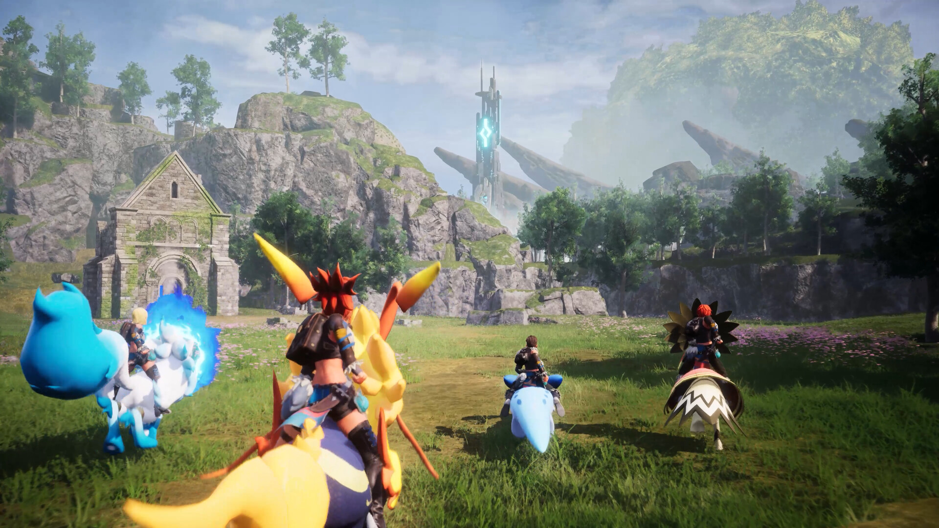Four co-op players riding mounts across a grassy field toward a glowing blue tower