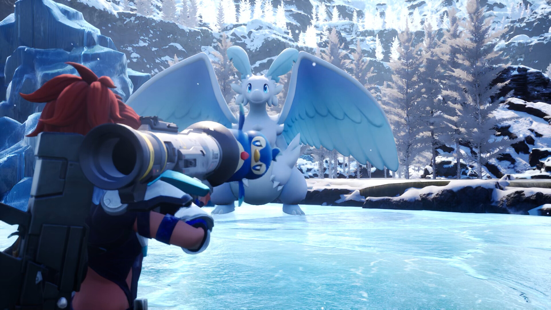 Player aiming a rocket launcher at a white winged dragon on a frozen lake