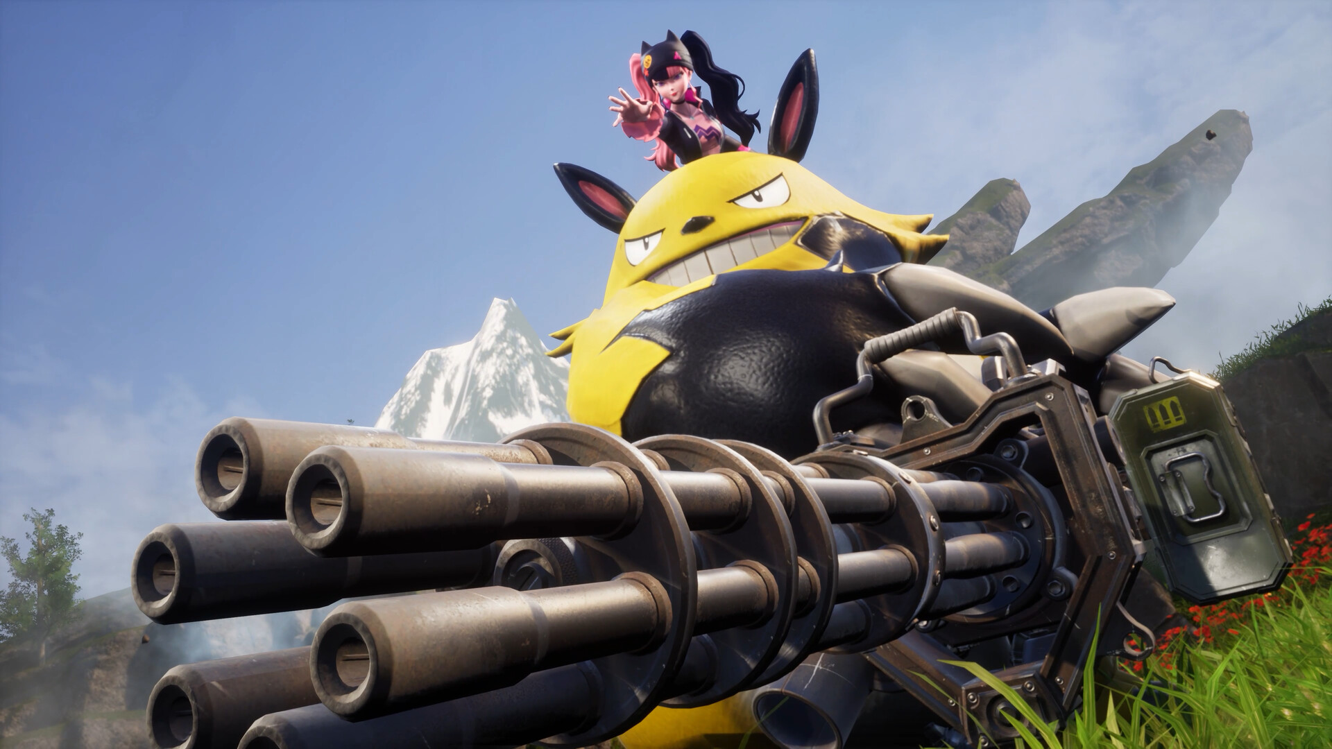 Giant yellow Grizzbolt firing a minigun with its trainer posing on its shoulder
